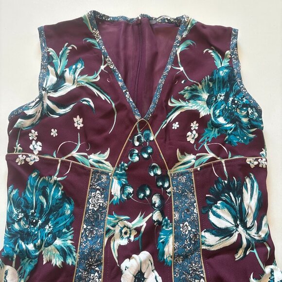 Roberto Cavalli Forbidden Fruit Sleeveless Dress Floral Maroon Blue V Neck - Picture 4 of 11